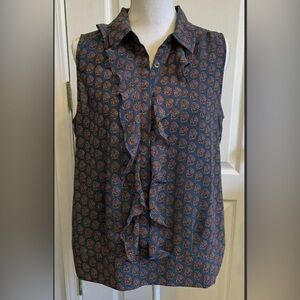 CABI Womens TOP Sleeveless BLUE Orange FLORAL Ruffle Size M